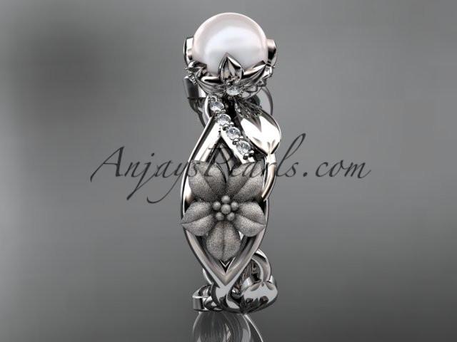 Unique platinum diamond floral leaf and vine pearl engagement ring AP270 - AnjaysDesigns
