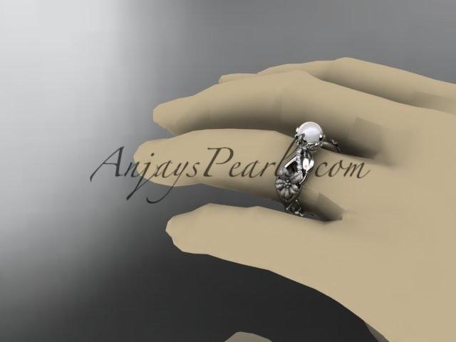 Unique platinum diamond floral leaf and vine pearl engagement ring AP270 - AnjaysDesigns