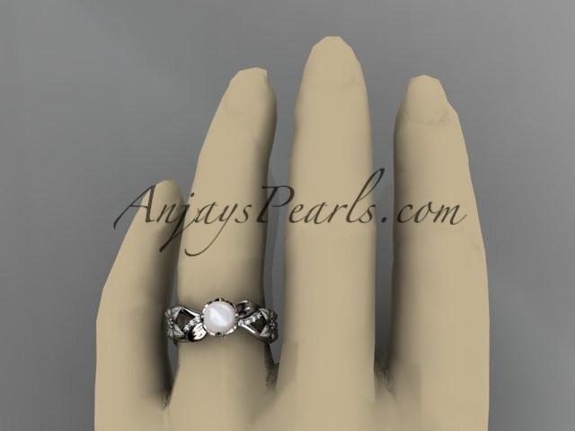 Unique platinum diamond floral leaf and vine pearl engagement ring AP270 - AnjaysDesigns