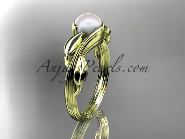 14kt yellow gold pearl leaf and vine engagement ring AP273 - AnjaysDesigns