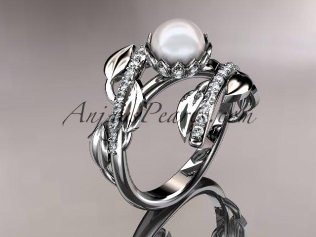 Platinum diamond pearl engagement ring AP287 - AnjaysDesigns