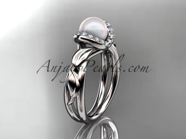 Platinum diamond pearl unique engagement ring AP289 - AnjaysDesigns