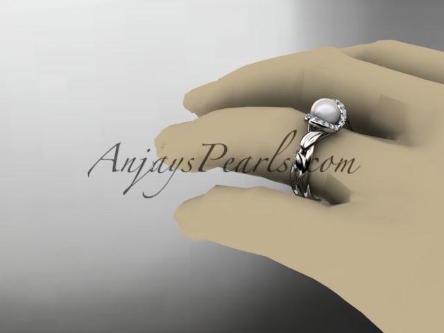 14kt white gold diamond pearl unique engagement ring AP289 - AnjaysDesigns