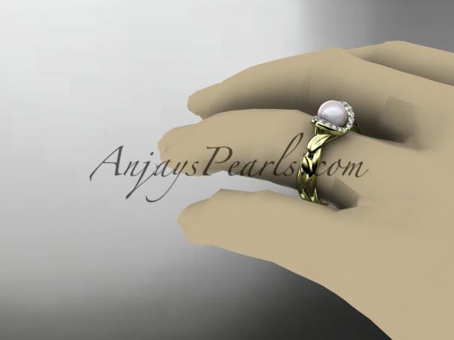14kt yellow gold diamond pearl unique engagement ring AP289 - AnjaysDesigns