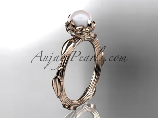 14k rose gold diamond pearl vine and leaf engagement ring AP290 - AnjaysDesigns