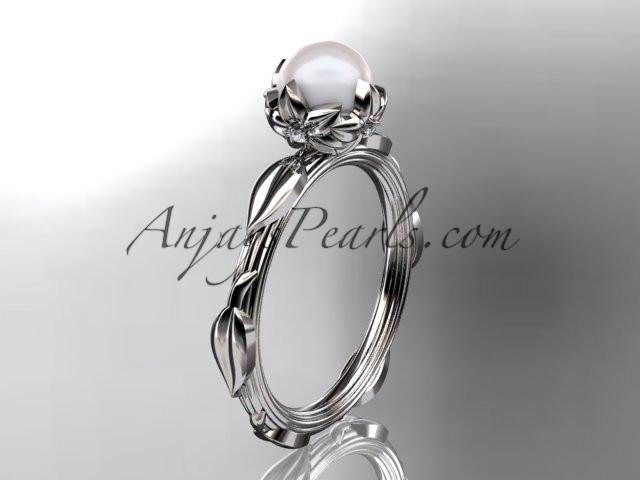 14k white gold diamond pearl vine and leaf engagement ring AP290 - AnjaysDesigns