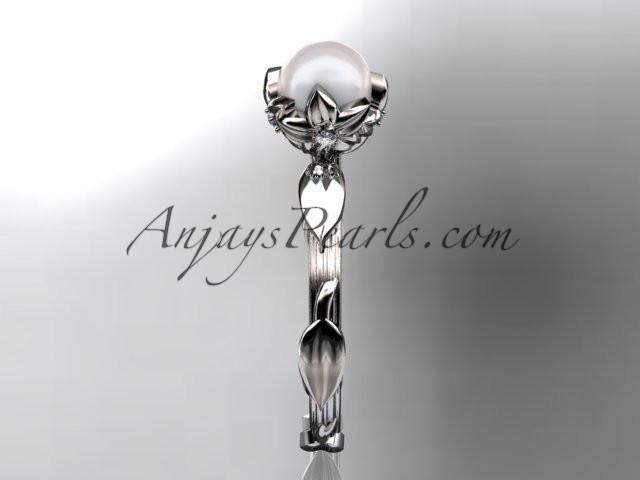 14k white gold diamond pearl vine and leaf engagement ring AP290 - AnjaysDesigns
