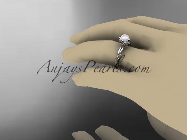 14k white gold diamond pearl vine and leaf engagement ring AP290 - AnjaysDesigns
