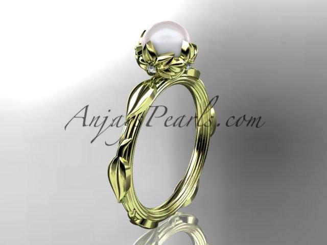 14k yellow gold diamond pearl vine and leaf engagement ring AP290 - AnjaysDesigns