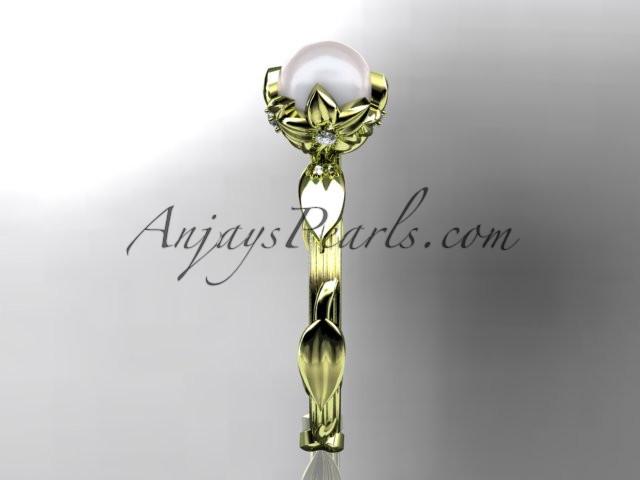 14k yellow gold diamond pearl vine and leaf engagement ring AP290 - AnjaysDesigns