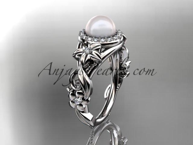 14kt white gold diamond pearl unique engagement ring AP300 - AnjaysDesigns