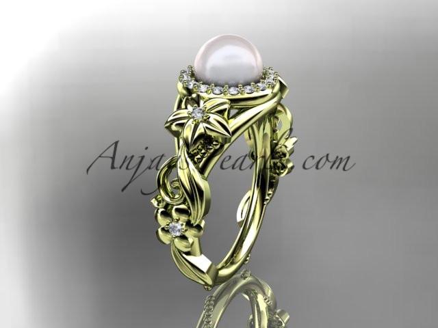 14kt yellow gold diamond pearl unique engagement ring AP300 - AnjaysDesigns