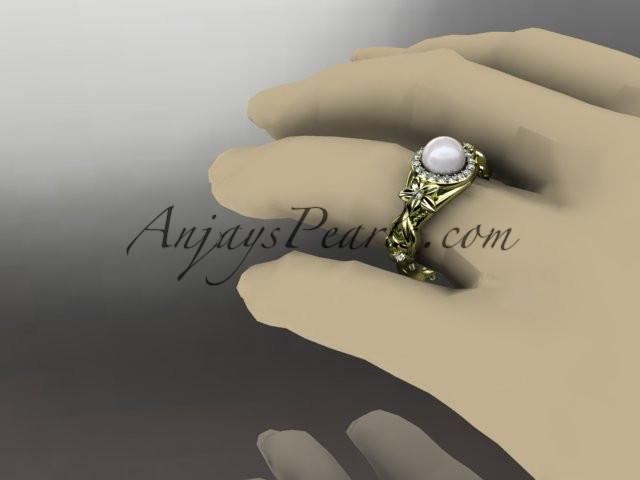 14kt yellow gold diamond pearl unique engagement ring AP300 - AnjaysDesigns