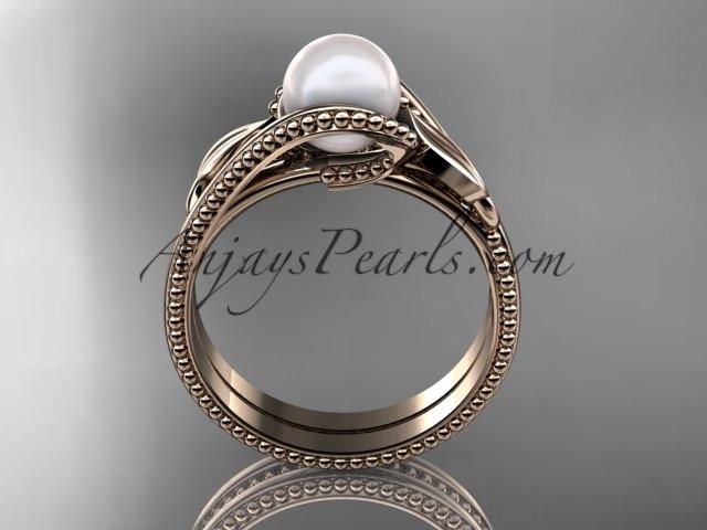 Unique 14kt rose gold leaf and vine pearl engagement set AP301S - AnjaysDesigns