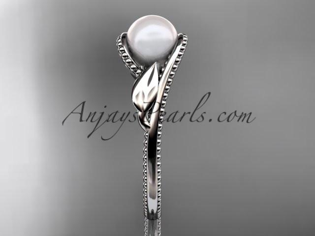 Unique platinum diamond floral pearl engagement ring AP301 - AnjaysDesigns