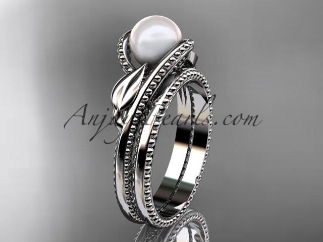Unique 14kt white gold leaf and vine pearl engagement set AP301S - AnjaysDesigns