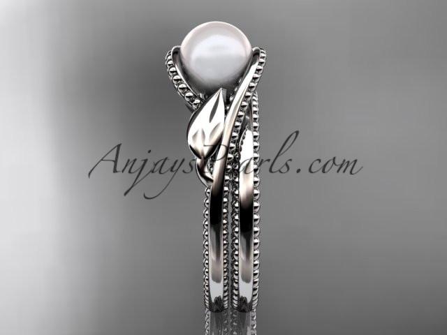 Unique platinum leaf and vine pearl engagement set AP301S - AnjaysDesigns