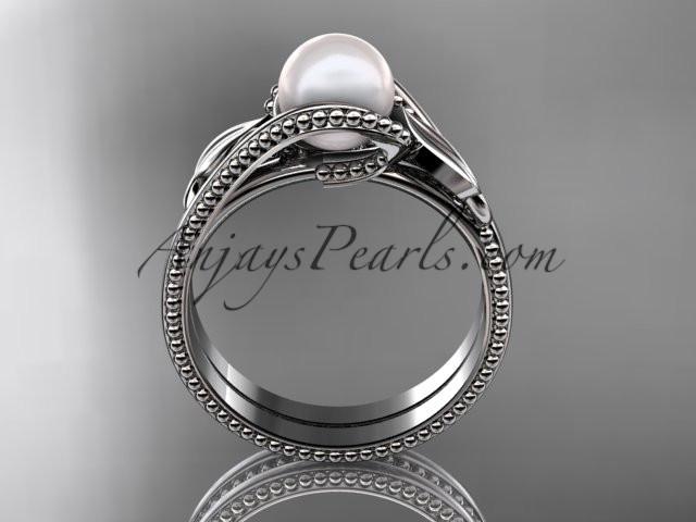 Unique platinum leaf and vine pearl engagement set AP301S - AnjaysDesigns