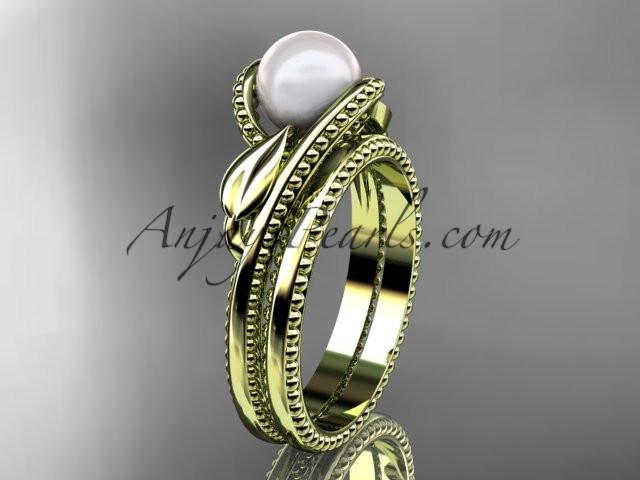 Unique 14kt yellow gold leaf and vine pearl engagement set AP301S - AnjaysDesigns