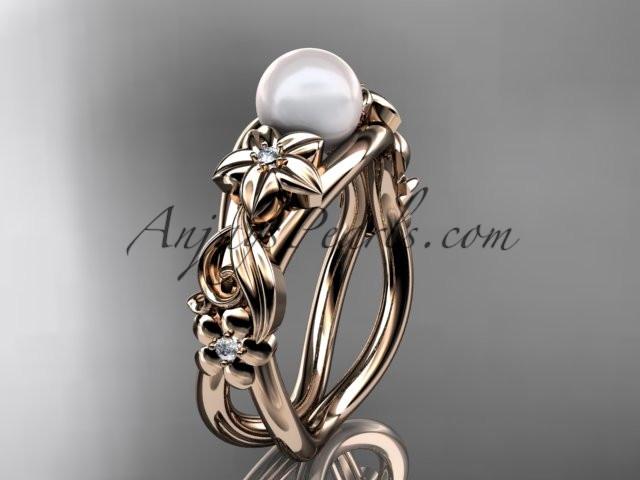 Unique 14kt rose gold diamond floral pearl engagement ring AP302 - AnjaysDesigns