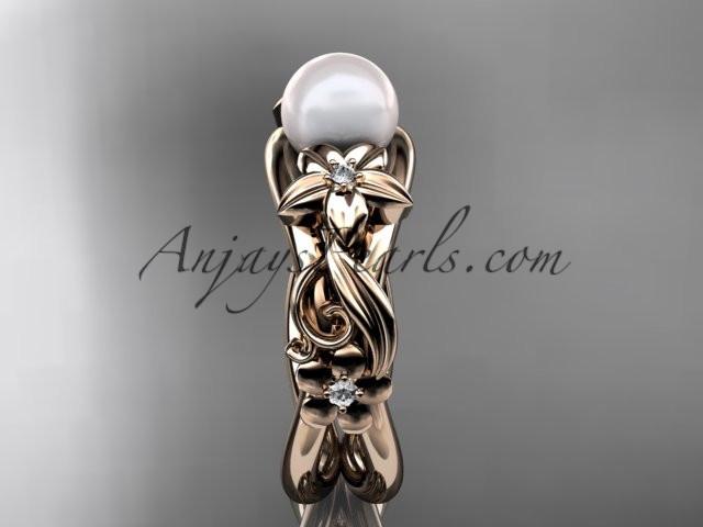 Unique 14kt rose gold diamond floral pearl engagement ring AP302 - AnjaysDesigns