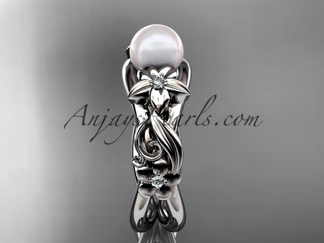 Unique platinum diamond floral pearl engagement ring AP302 - AnjaysDesigns
