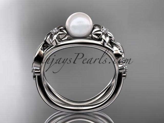 Unique 14kt white gold diamond floral pearl engagement ring AP302 - AnjaysDesigns