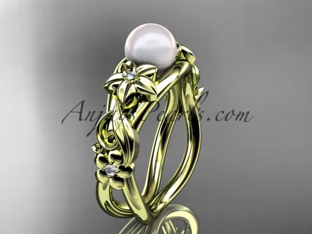 Unique 14kt yellow gold diamond floral pearl engagement ring AP302 - AnjaysDesigns