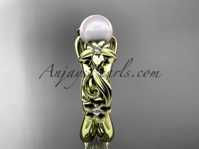 Unique 14kt yellow gold diamond floral pearl engagement ring AP302 - AnjaysDesigns