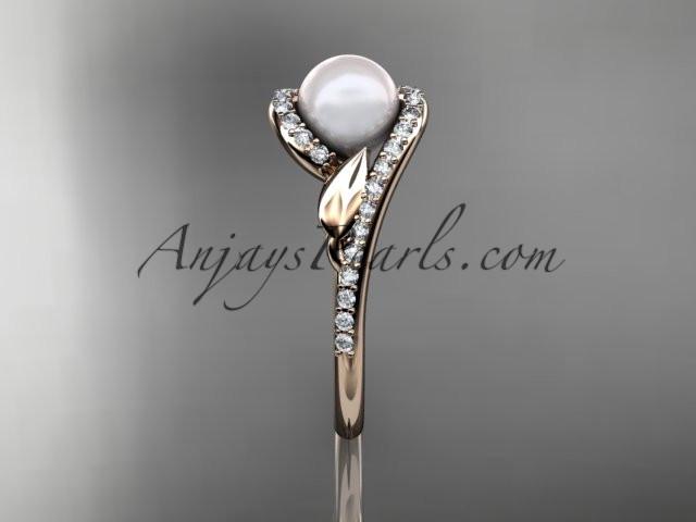 14k rose gold diamond leaf and vine, pearl wedding ring, engagement ring AP317 - AnjaysDesigns