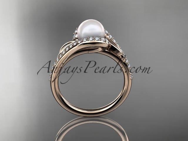 14k rose gold diamond leaf and vine, pearl wedding ring, engagement ring AP317 - AnjaysDesigns
