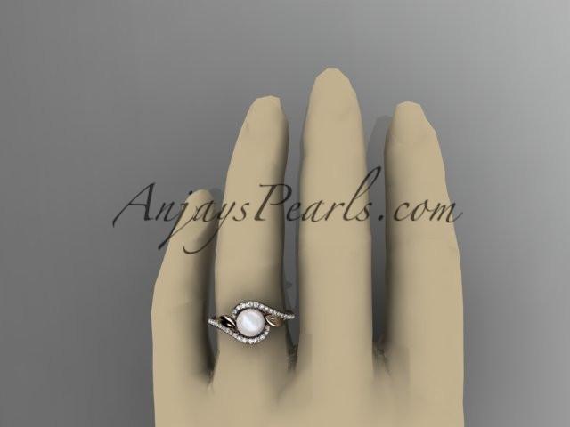 14k rose gold diamond leaf and vine, pearl wedding ring, engagement ring AP317 - AnjaysDesigns