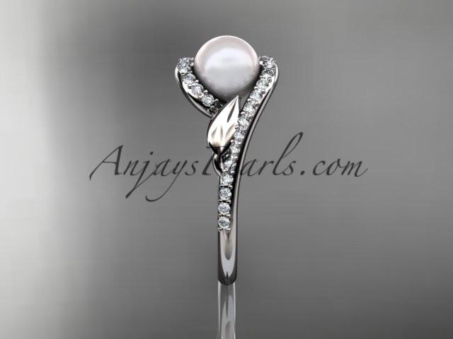 Platinum diamond leaf and vine, pearl wedding ring, engagement ring AP317 - AnjaysDesigns