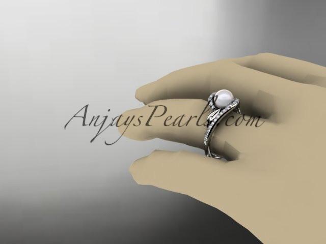 14k white gold diamond leaf and vine, pearl wedding ring, engagement ring AP317 - AnjaysDesigns