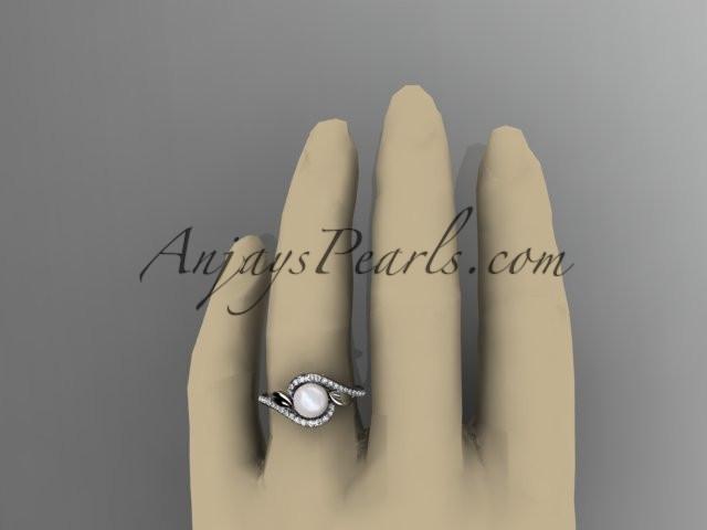 14k white gold diamond leaf and vine, pearl wedding ring, engagement ring AP317 - AnjaysDesigns