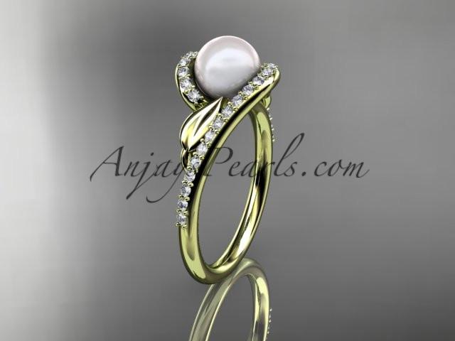 14k yellow gold diamond leaf and vine, pearl wedding ring, engagement ring AP317 - AnjaysDesigns
