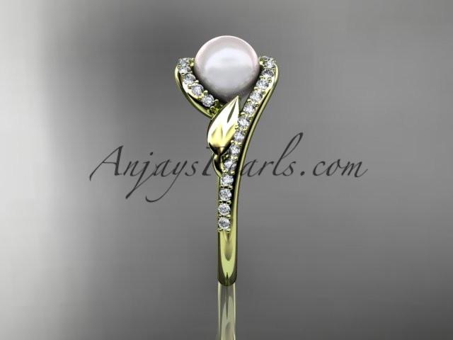 14k yellow gold diamond leaf and vine, pearl wedding ring, engagement ring AP317 - AnjaysDesigns