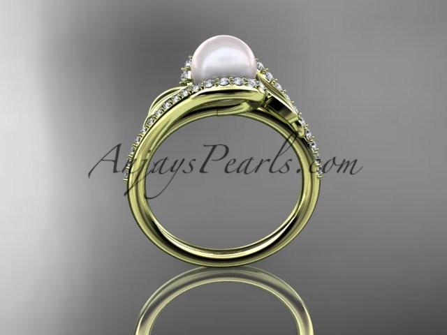 14k yellow gold diamond leaf and vine, pearl wedding ring, engagement ring AP317 - AnjaysDesigns