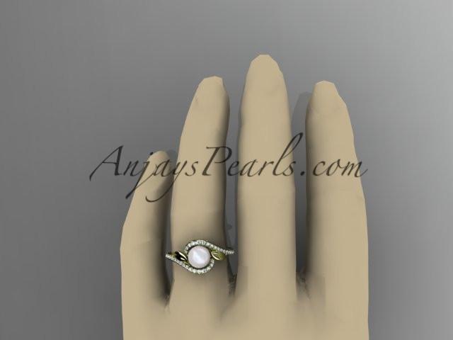 14k yellow gold diamond leaf and vine, pearl wedding ring, engagement ring AP317 - AnjaysDesigns