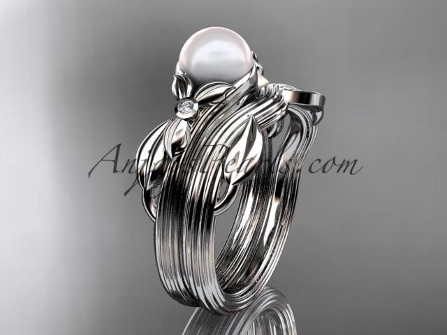 Unique 14kt white gold diamond floral pearl engagement set AP324S - AnjaysDesigns