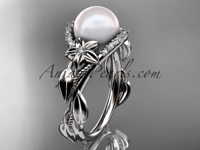 Platinum diamond pearl unique engagement ring AP326 - AnjaysDesigns