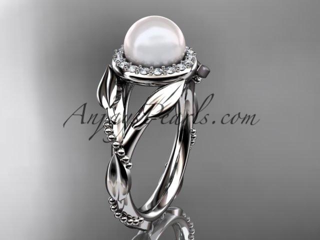 platinum diamond pearl unique engagement ring AP328 - AnjaysDesigns