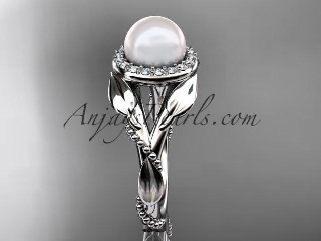 14kt white gold diamond pearl unique engagement ring AP328 - AnjaysDesigns