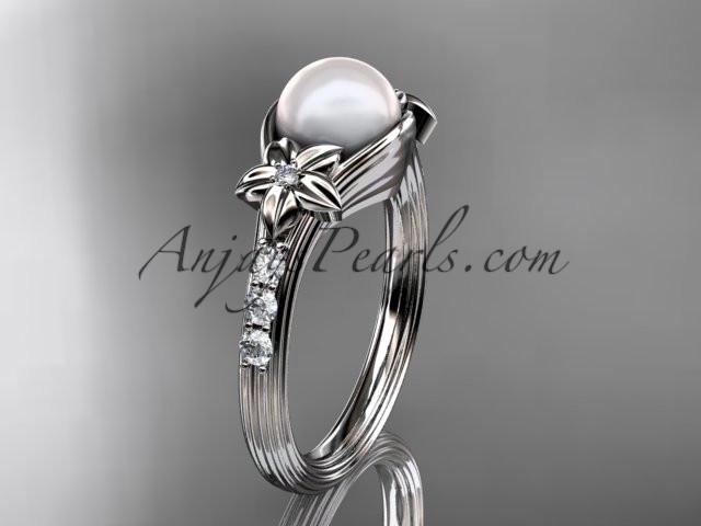 14kt white gold diamond pearl unique engagement ring AP333 - AnjaysDesigns
