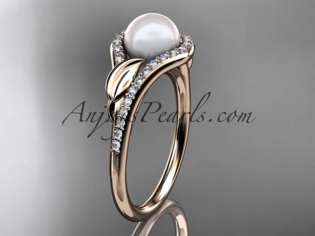 14k rose gold diamond pearl leaf engagement ring AP334 - AnjaysDesigns
