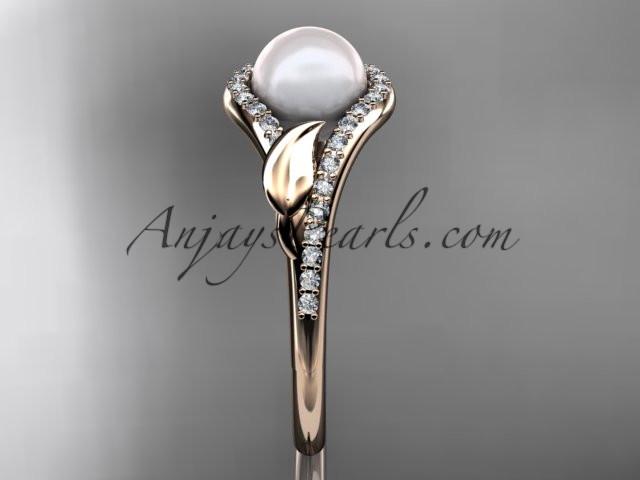 14k rose gold diamond pearl leaf engagement ring AP334 - AnjaysDesigns