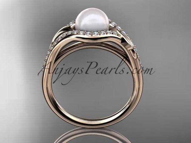 14k rose gold diamond pearl leaf engagement ring AP334 - AnjaysDesigns