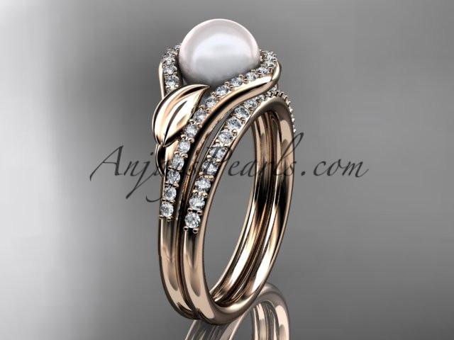 14k rose gold diamond pearl leaf engagement set AP334S - AnjaysDesigns