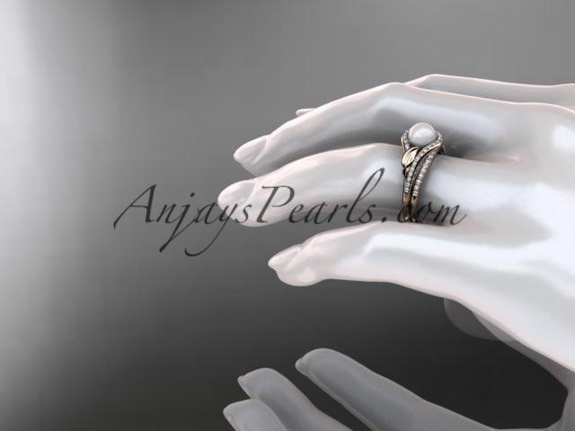 14k rose gold diamond pearl leaf engagement set AP334S - AnjaysDesigns