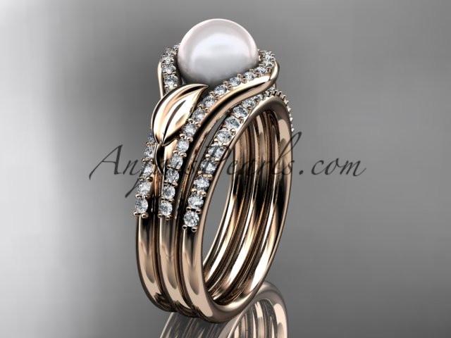 14k rose gold diamond pearl leaf engagement ring with a double matching band AP334S - AnjaysDesigns